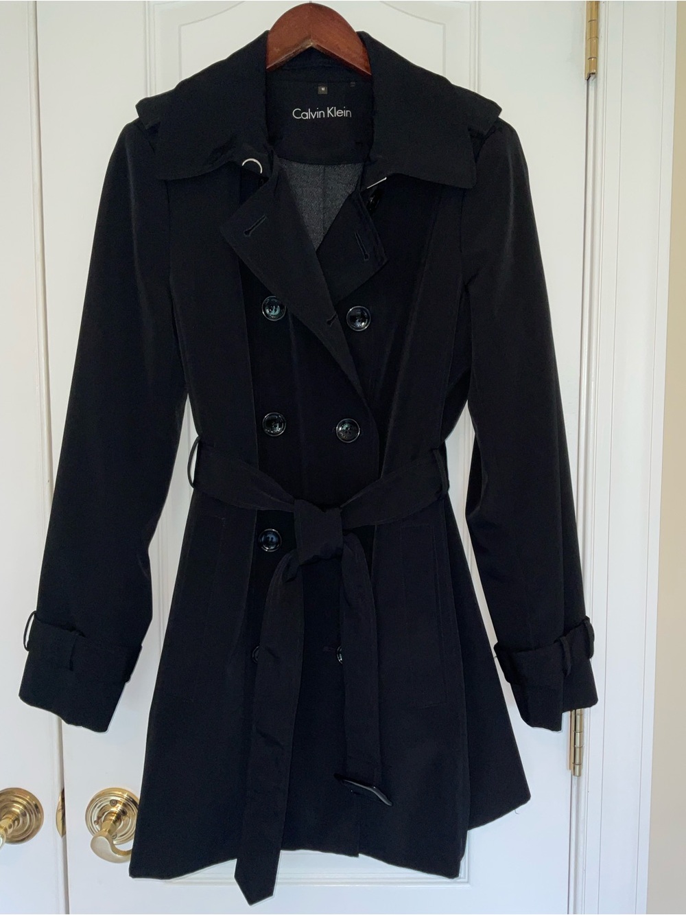 Calvin Kein Black Trench Coat with Removable Hood & Liner, size Medium